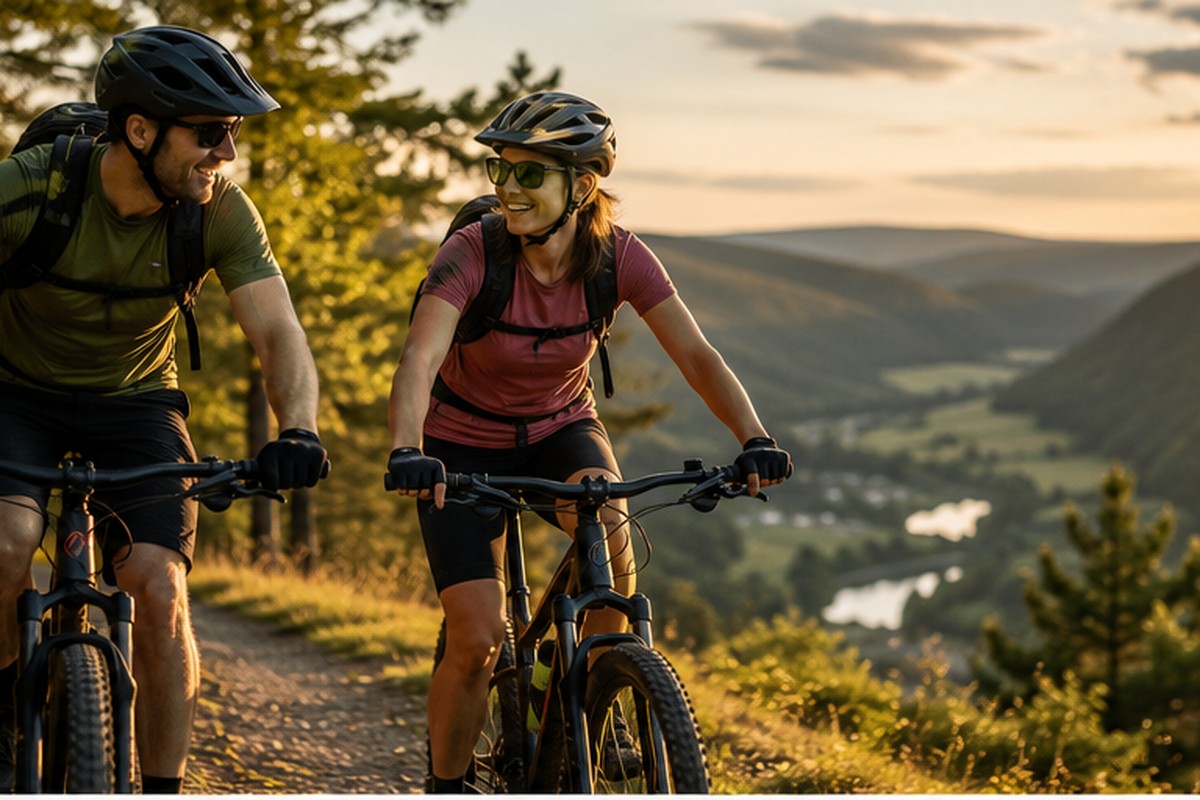 Mountainbike-Pärchen auf Waldwegen im Kyffhäuser und in der Hohen Schrecke